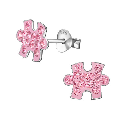 Children's Silver Jigsaw Piece Ear Studs with Crystal