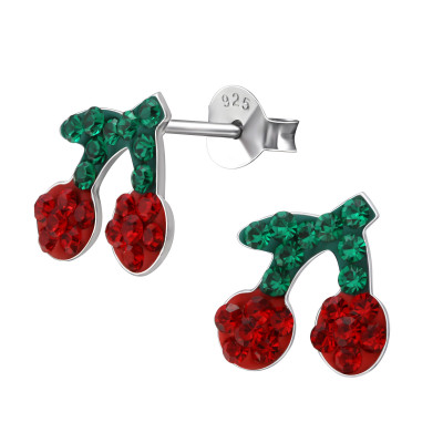 Children's Silver Cherry Ear Studs with Crystal