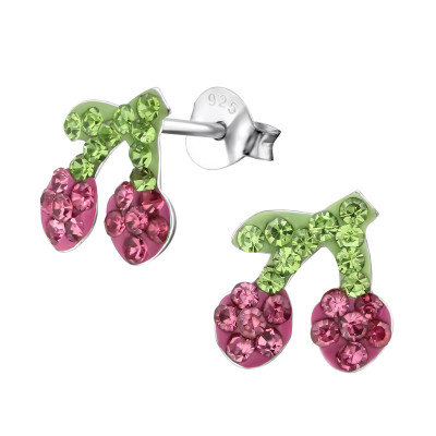 Children's Silver Cherry Ear Studs with Crystal