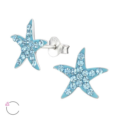 Children's Silver Starfish Ear Studs with Genuine European Crystals