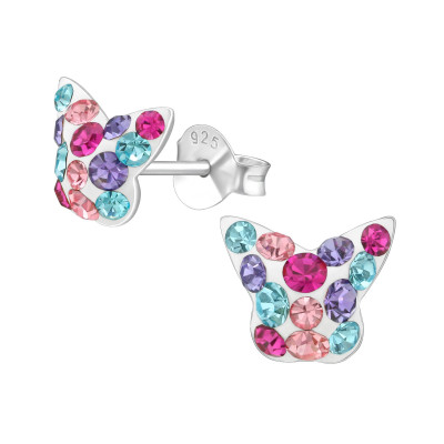 Children's Silver Butterfly Ear Studs with Crystal