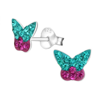 Children's Silver Butterfly Ear Studs with Crystal