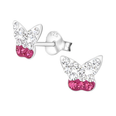 Children's Silver Butterfly Ear Studs with Crystal