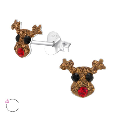 Children's Silver Reindeer Ear Studs with Genuine European Crystals