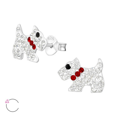 Children's Silver Dog Ear Studs with Genuine European Crystals