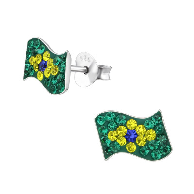 Brazilian Flag Children's Sterling Silver Ear Studs with Crystal