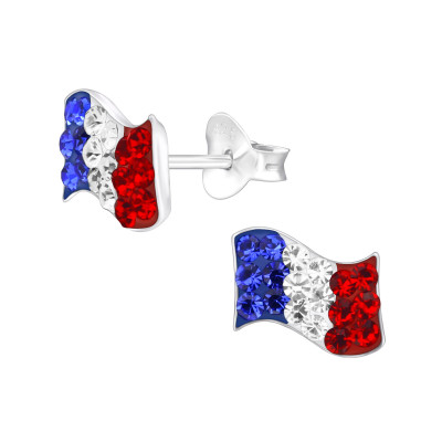 Children's Silver France Flag Ear Studs with Crystal