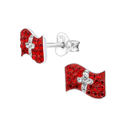 Switzerland Flag Children's Sterling Silver Ear Studs with Crystal