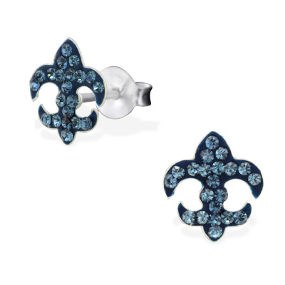 Children's Silver Fleur De Lis Ear Studs with Crystal