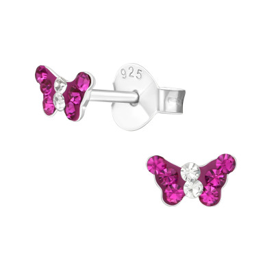 Children's Silver Butterfly Ear Studs with Crystal