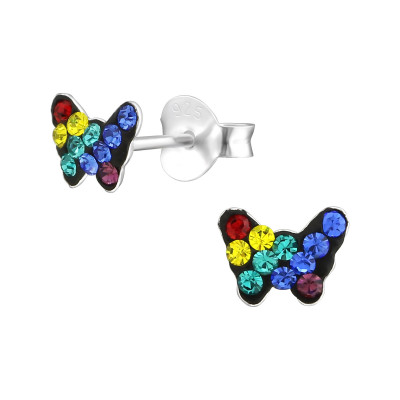 Children's Silver Rainbow Butterfly Ear Studs with Crystal