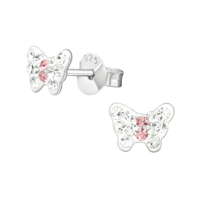 Children's Silver Butterfly Ear Studs with Crystal