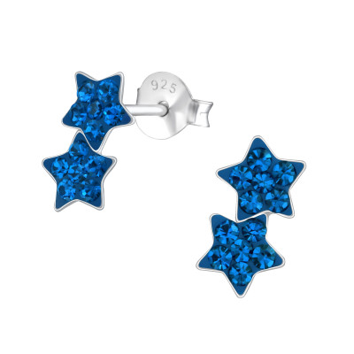 Children's Silver Double Star Ear Studs with Crystal