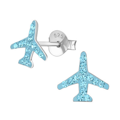 Children's Silver Plane Ear Studs with Crystal