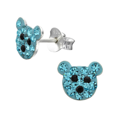 Children's Silver Bear Face Ear Studs with Crystal