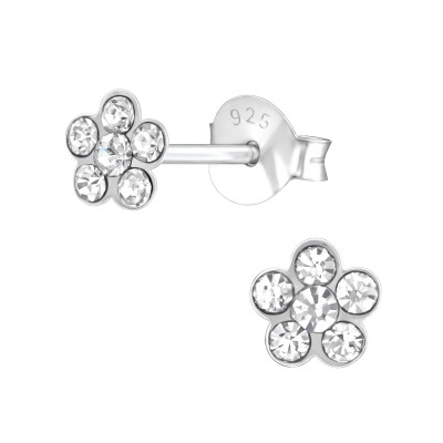 Children's Silver Flower Ear Studs with Crystal