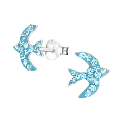 Children's Silver Blue Swallow Ear Studs with Crystal