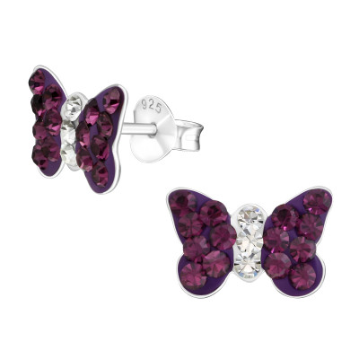 Children's Silver Butterfly Ear Studs with Crystal