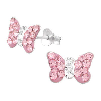 Children's Silver Butterfly Ear Studs with Crystal