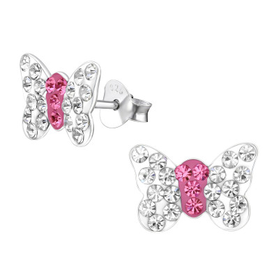 Children's Silver Butterfly Ear Studs with Crystal