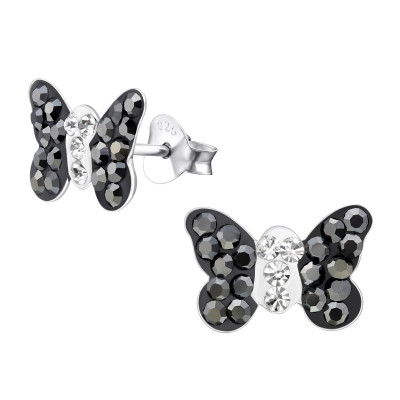 Children's Silver Black Butterfly Ear Studs with Crystal