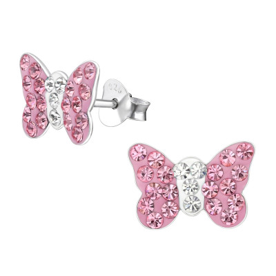 Children's Silver Butterfly Ear Studs with Crystal