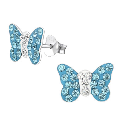Children's Silver Butterfly Ear Studs with Crystal