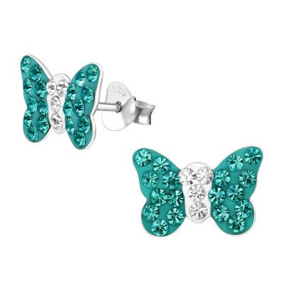 Children's Silver Butterfly Ear Studs with Crystal