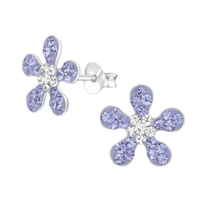 Children's Silver Flower Ear Studs with Crystal