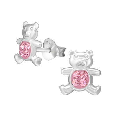 Children's Silver Bear Ear Studs with Crystal