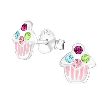 Children's Silver Cupcake Ear Studs with Crystal and Epoxy