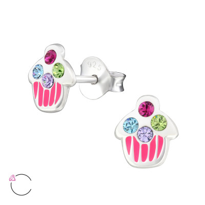 Children's Silver Cupcake Ear Studs with Genuine European Crystals