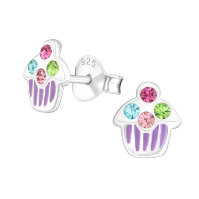 Cupcake Children's Sterling Silver Ear Studs with Crystal and Epoxy