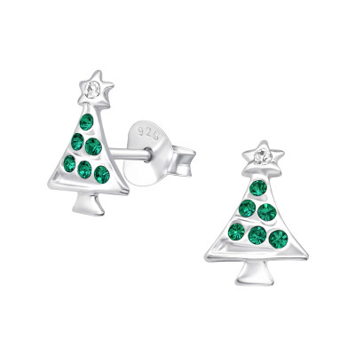 Children's Silver Christmas Tree Ear Studs with Crystal