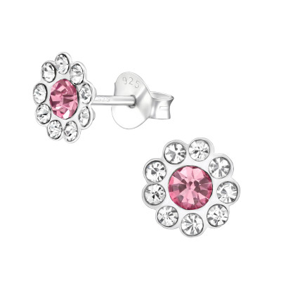 Children's Silver Flower Ear Studs with Crystal