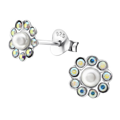 Children's Silver Flower Ear Studs with Synthetic Pearl and Crystal