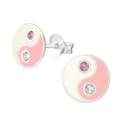 Children's Silver Yin-Yang Ear Studs with Crystal and Epoxy