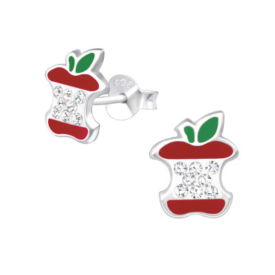 Children's Silver Apple Ear Studs with Crystal and Epoxy