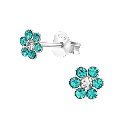 Children's Silver Flower Ear Studs with Crystal