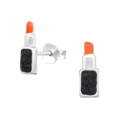 Children's Silver Lipstick Ear Studs with Crystal and Epoxy