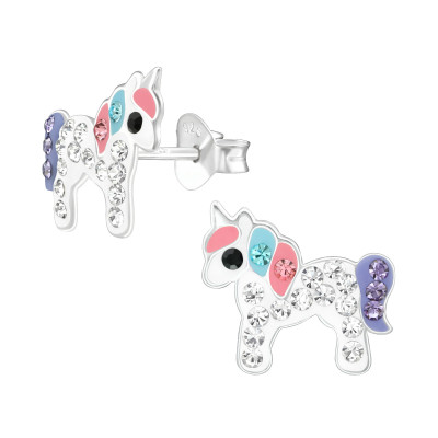 Unicorn Children's Sterling Silver Ear Studs with Crystal and Epoxy