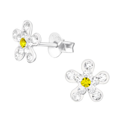 Children's Silver Flower Ear Studs with Crystal