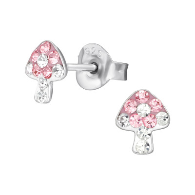 Children's Silver Mushroom Ear Studs with Crystal