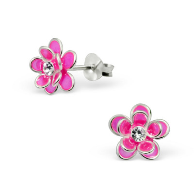 Children's Silver Flower Ear Studs with Crystal and Epoxy