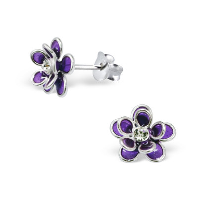 Flower Children's Sterling Silver Crystal Ear Studs with Epoxy