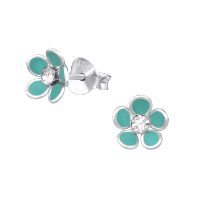 Flower Children's Sterling Silver Ear Studs with Crystal and Epoxy