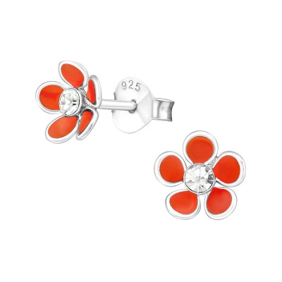 Children's Silver Flower Ear Studs with Crystal and Epoxy