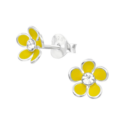 Children's Silver Flower Ear Studs with Crystal and Epoxy