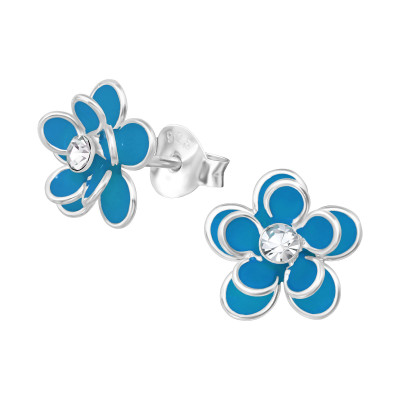 Children's Silver Flower Ear Studs with Crystal and Epoxy