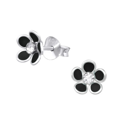 Children's Silver Flower Ear Studs with Crystal and Epoxy